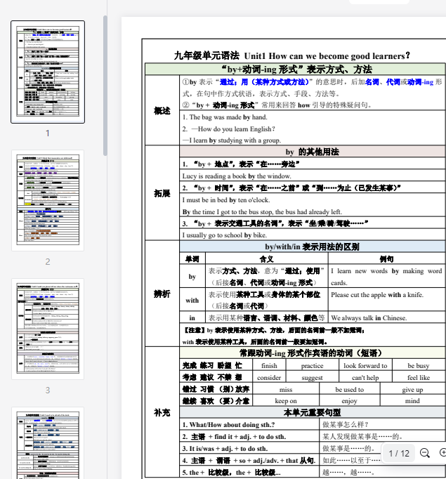 九年级单元语法U1-U12(1)