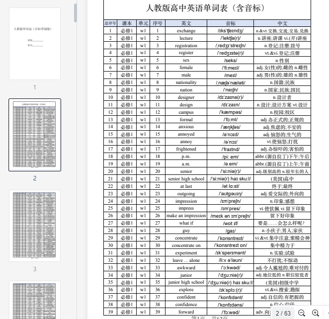 【人教版】高中英语单词表（含音标）